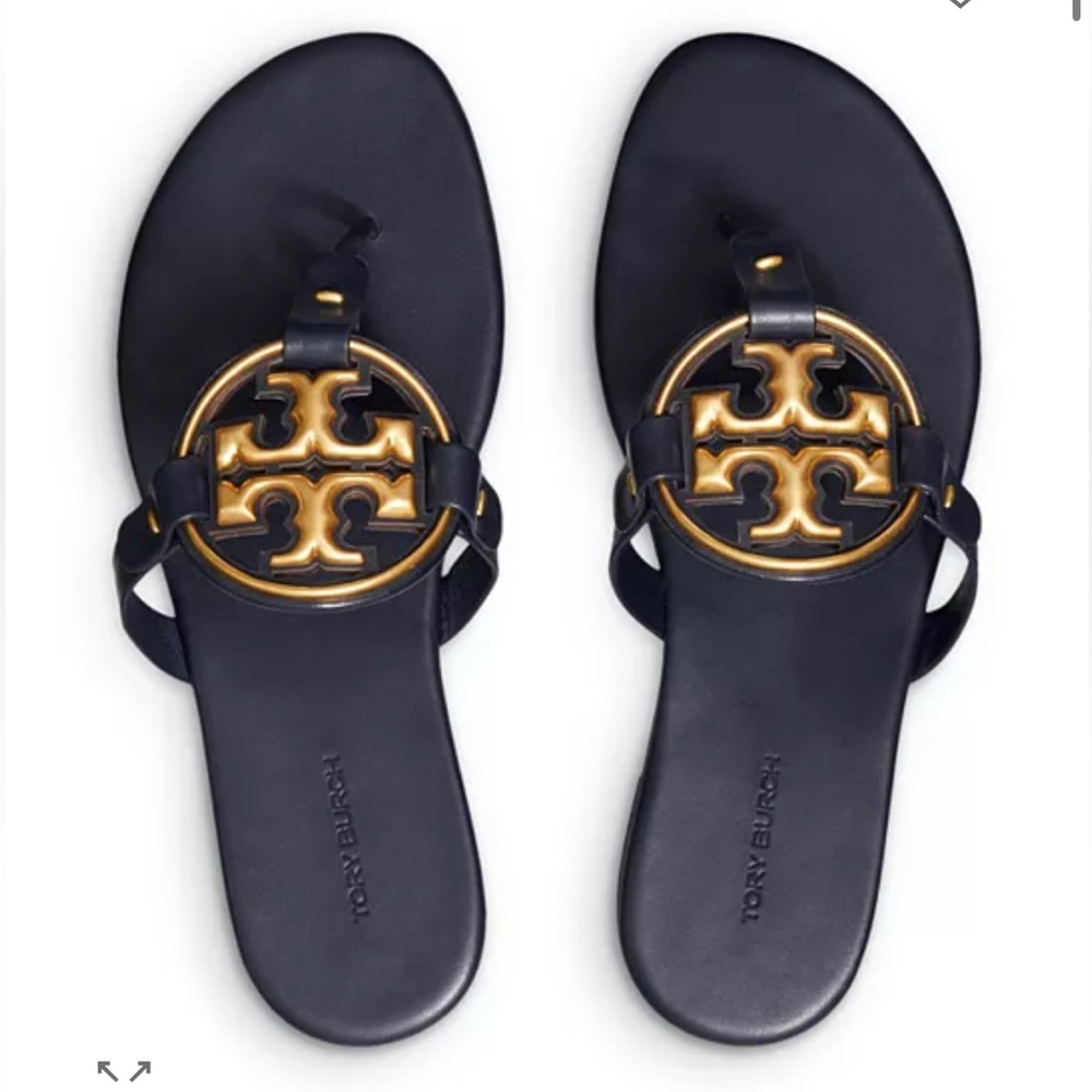 TORY BURCH miller logo sandals. Black/gold. Size 10